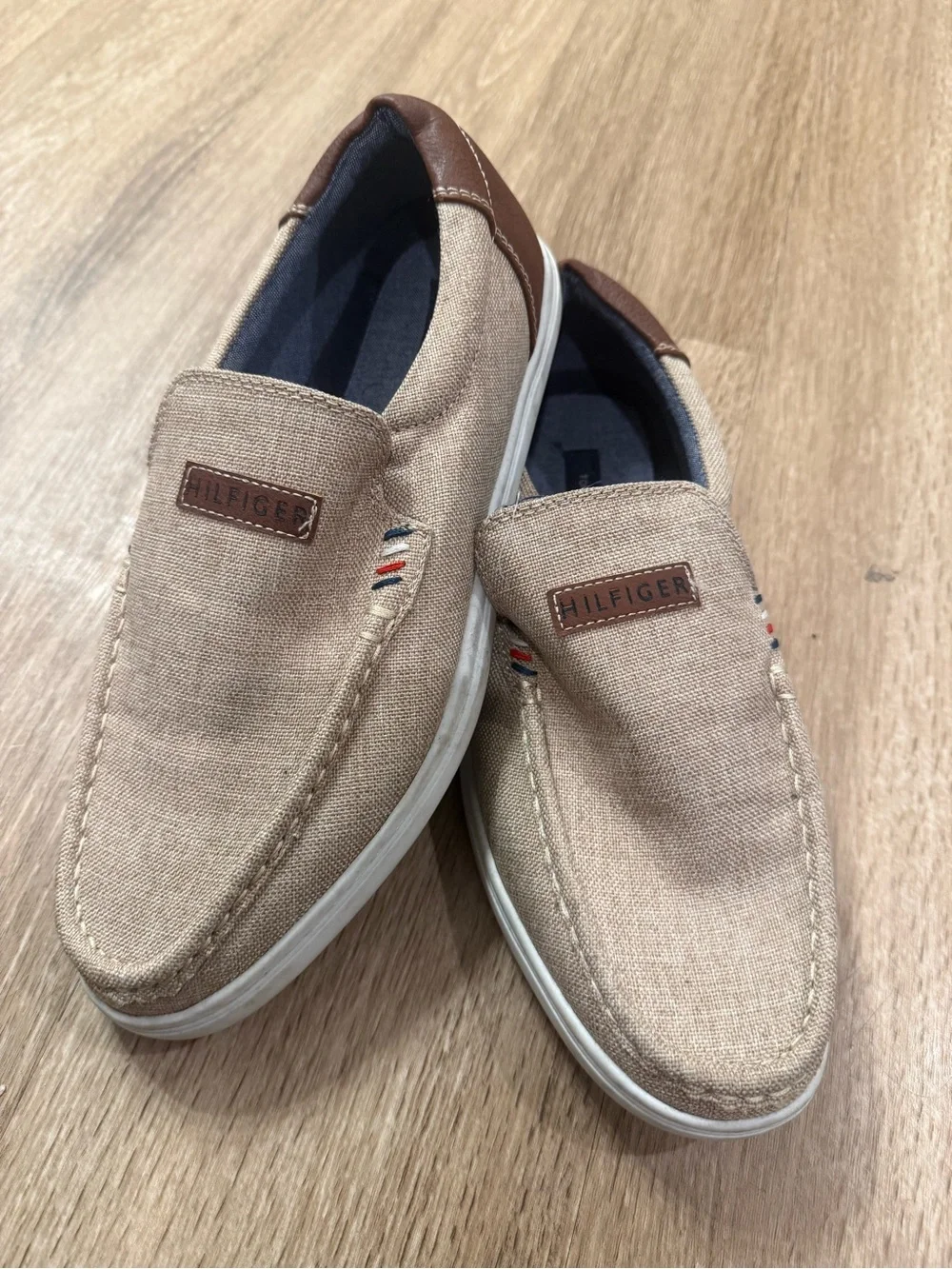 Tommy Hilfiger Tan Canvas Slip-On Loafers with Brown Trim